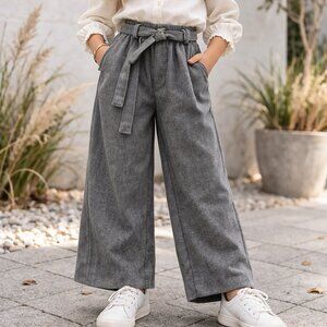 ZARA Girls Belted Wide Leg Pants Size 7 Gray Paperbag Waist Trousers